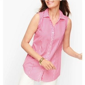 Talbots The Perfect Sleeveless Pink & White Gingham Button Down Shirt Size 12